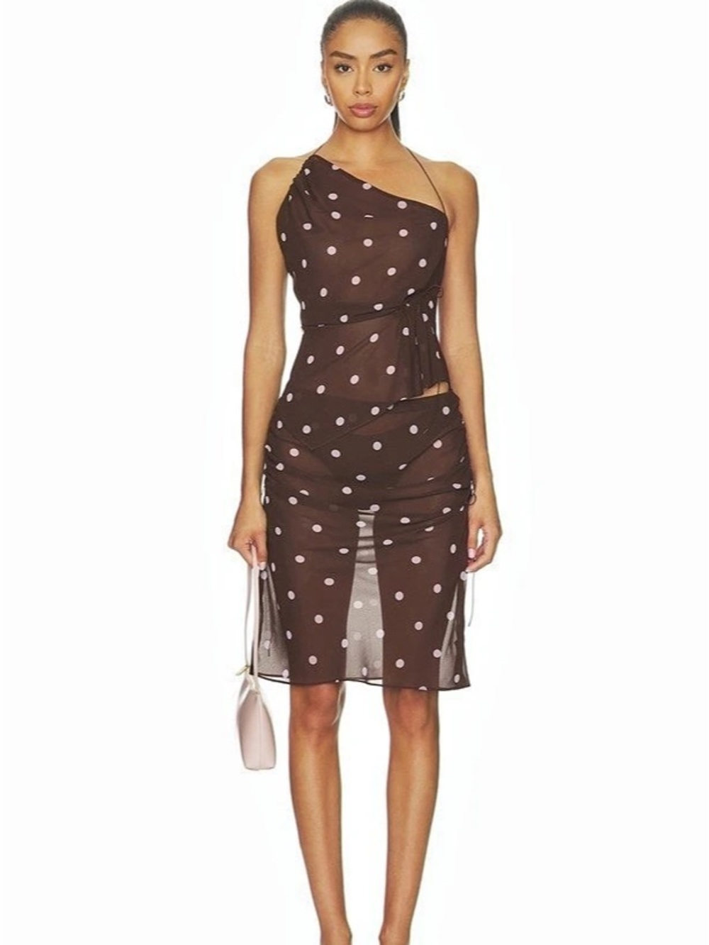 L’Acadamie sheer draped halter top with asymmetric hem in polka dots Polka Dot